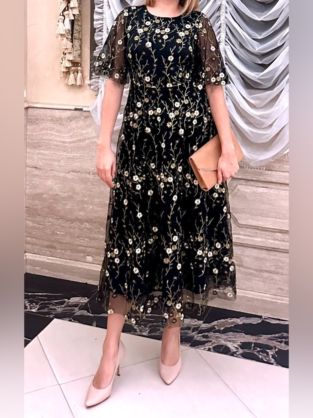 Baltic Born Black Floral Embroidered Modest Midi Dress